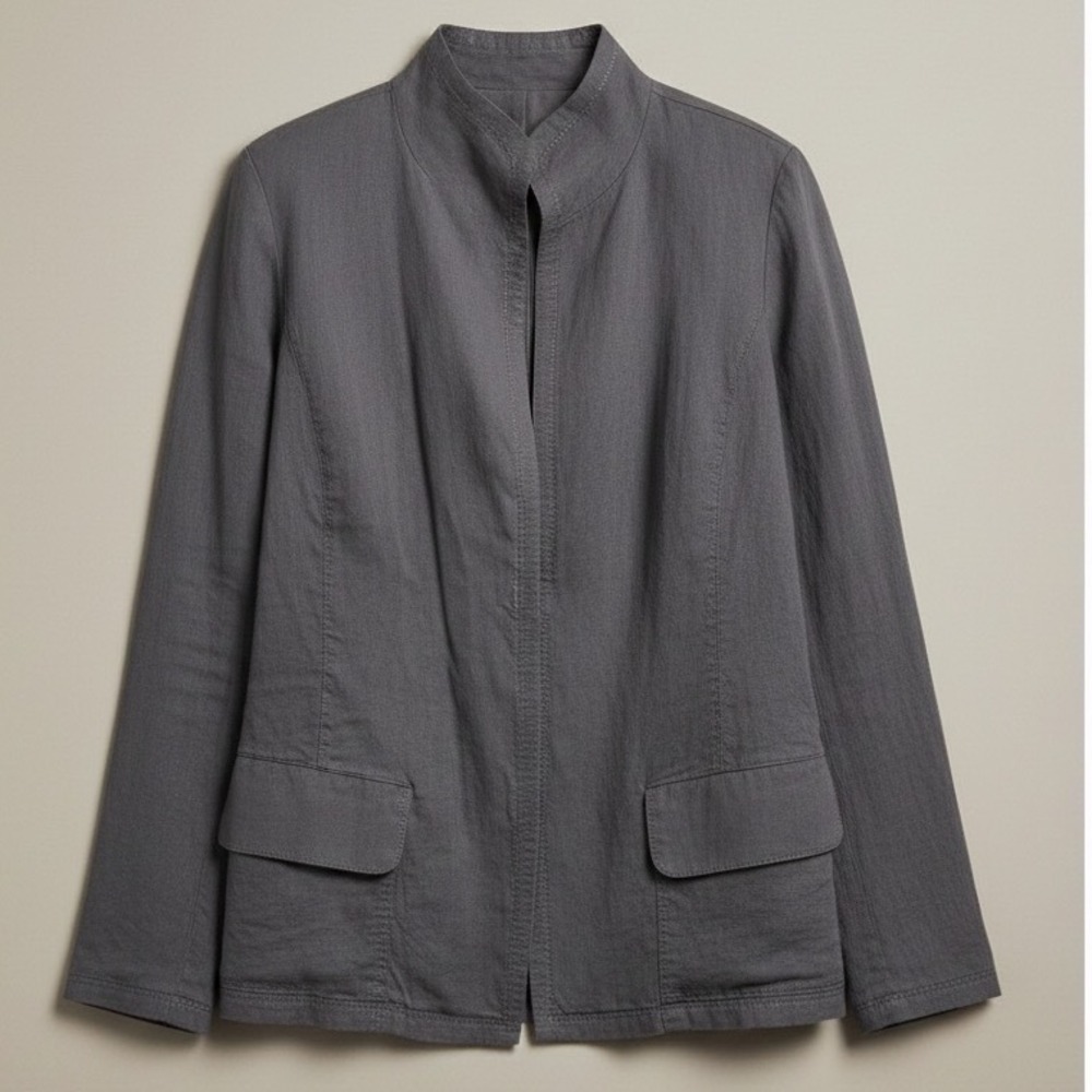 Eileen Fisher Gray Linen Blend Open Front Jacket Lagenlook Chic Workwear sz M - Picture 2 of 6